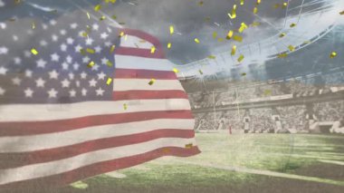 Composite video of golden confetti falling over waving american flag against sports stadium. american sports tournament concept