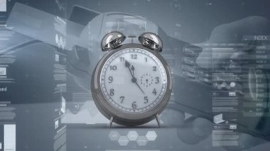 Animation of alarm clock and financial data processing over caucasian man with payment terminal. Global business, finance and data processing concept digitally generated video.