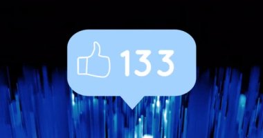 Animation of social media reactions over blue lines on black background. Social media, network, communication and technology concept digitally generated video.