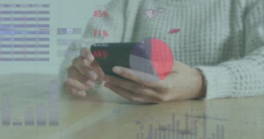 Animation of data processing over caucasian woman using smartphone. Global science, connections, data processing and digital interface concept digitally generated video.