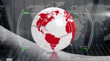 Animation of interference and scope scanning with globe and world map over window. Global technology, computing and digital interface concept digitally generated video.