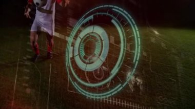 Animation of data processing with scope scanning over football player kicking ball. Global sport, computing and digital interface concept digitally generated video.