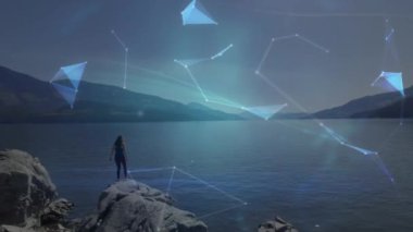 Animation of globe and connections over caucasian woman practicing yoga at sea. sports, healthy, active lifestyle, connections and technology concept digitally generated video.