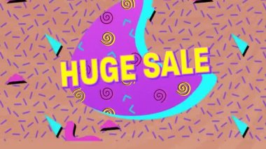Animation of huge sale text over abstract template with curve and triangle shapes. Digital composite, advertisement, communication, holiday and seasonal, marketing, creativity, sign concept.