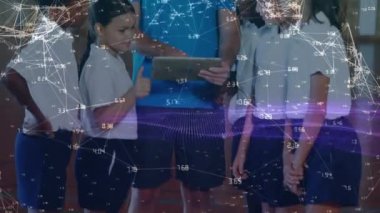 Animation of network of connections over students in classroom. education and learning concept digitally generated video.