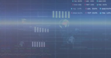 Animation of globes, graphs and charts processing data on blue sky and horizon. Global communication, business, data and digital interface concept digitally generated video.