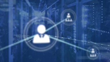 Animation of profile icons network connecting with lines against coding in server room. Digital composite, multiple exposure, connect the dots, telecommunication, marketing, cloud computing, data.