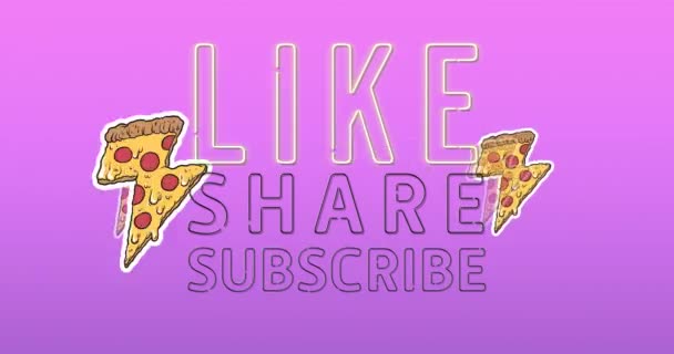 Multiple Pizza Slice Icons Neon Share Subscribe Neon Text Banner — Wideo stockowe