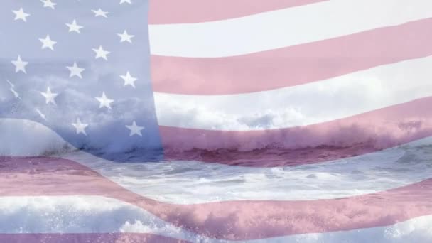 Composite Video Waving American Flag Waves Sea National Tourism Travel — Video Stock