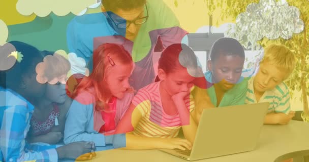 Animation Puzzle Pieces Clouds Diverse Schoolchildren Teacher Using Laptop Autism — Stock video