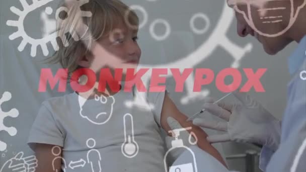 Kafkas Kadın Doktor Aşılayan Çocuk Üzerinde Maymun Çiçeği Ikonların Canlandırması — Stok video