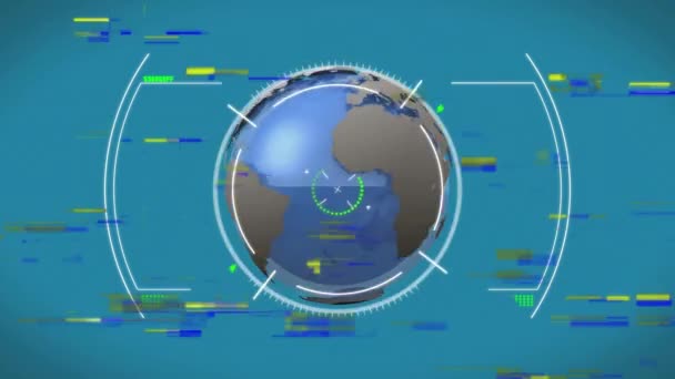 Animation Glitch Viewfinder Globe Planes Blue Background Global Finance Economy — Stock video