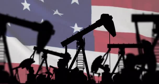 Animation Pump Jacks Flag Usa Oil Business Energy Transport Finance — Vídeo de Stock