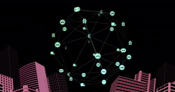 Animation Globe Digital Network Connections Icons Pink Cityscape Model Global — Video