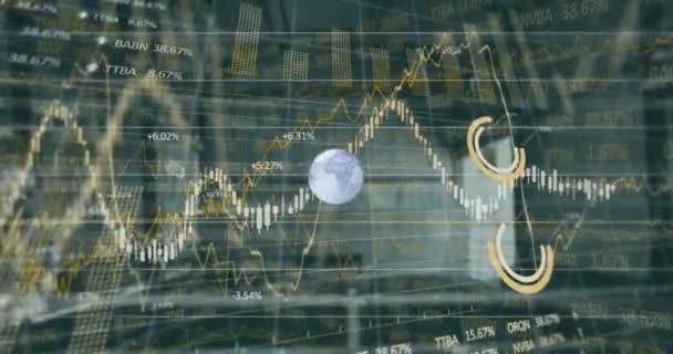 Animation Financial Graphs Globe Building Global Finance Economy Real Estate — Vídeo de Stock