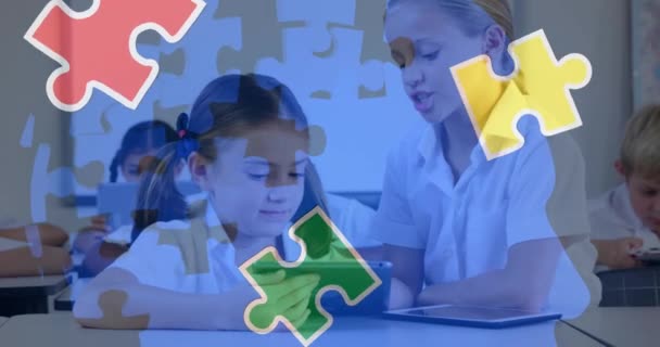 Animation Puzzle Pieces Diverse Schoolchildren Using Tablet Autism Awareness Month — Wideo stockowe