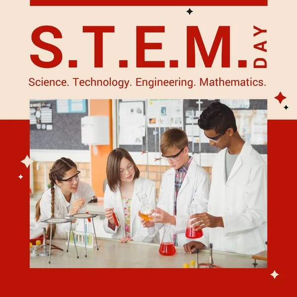 Square Image Stem Day Text Diverse School Pupils Chemistry Lab — Stok fotoğraf