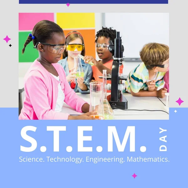 Square image of stem day text and diverse schoolchildren in science class. Science, technology, engineering and mathematics day, education awareness and celebration concept digitally generated image.