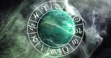 Animation of green planet and zodiac in black space with smoke. Planets, astrology, cosmos and universe concept digitally generated video.
