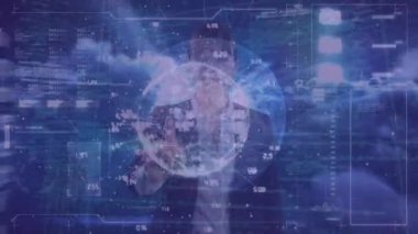 Animation of globe and data processing over caucasian businesswoman on blue background. Global technology, computing and digital interface concept digitally generated video.