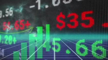 Animation of stock market with graph on black background. Global business, finances and digital interface concept digitally generated video.