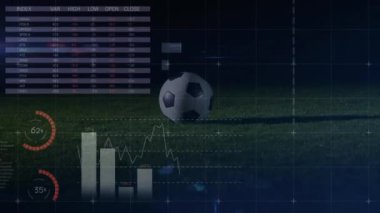 Animation of graphs and financial data over legs of male soccer player with ball on field. Sport, soccer, finance and economy concept digitally generated video.