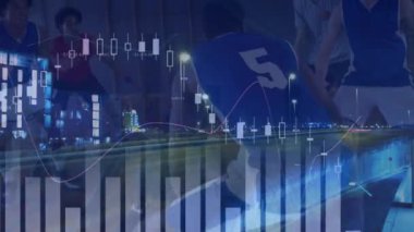 Animation of financial data processing over diverse basketball players and cityscape. global business, sport and data processing concept digitally generated video.