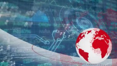 Animation of computer circuit board, data processing over globe. Global data processing, business, finance and digital interface concept digitally generated video.
