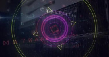 Animation of data processing over server room. Global internet security, data processing, connections and digital interface concept digitally generated video.