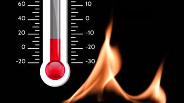 Animation of digital thermometer over flames. Global technology, computing and digital interface concept digitally generated video.