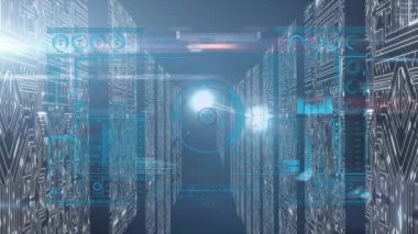 Animation of data processing over moving columns on black background. Global technology, computing and digital interface concept digitally generated video.