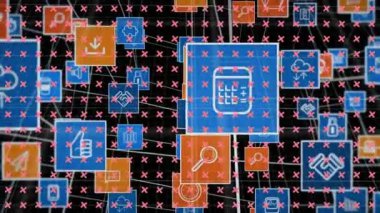 Animation of network of connections with icons over grid and dark background. Global science, connections, data processing and digital interface concept digitally generated video.