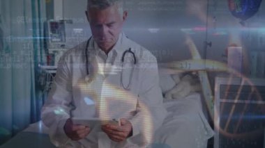 Animation of data processing over caucasian senior male doctor with tablet. Health, medicine and technology concept digitally generated video.