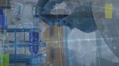 Animation of dna strand and data processing over caucasian female scientist in lab. Global science, computing and digital interface concept digitally generated video.