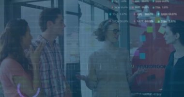 Animation of financial data processing and stock market over diverse business people. global business, finances and digital interface concept digitally generated video.