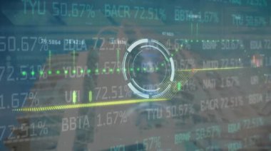 Animation of scope and financial data processing over cityscape. Global business, finance and data processing concept digitally generated video.