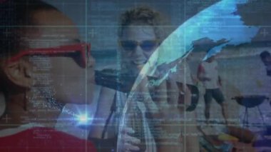 Animation of data processing with globe over diverse group of fiends. Global science, connections, data processing and digital interface concept digitally generated video.