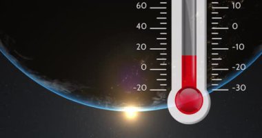 Animation of digital thermometer over globe. Global technology, computing and digital interface concept digitally generated video.