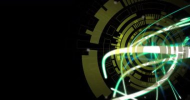 Animation of wavy lights and processing circle on black background. Colour, shape, movement, data and technology concept digitally generated video.