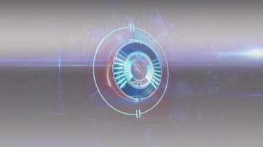 Digital animation of graphical scope scanning in circular against abstract background, copy space. Hologram, digitally generated, multiple exposure, connection, global network, futuristic, technology.