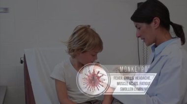 Beyaz kadın doktor aşılayan çocuk ve yeni şerit üzerinde maymun çiçeği animasyonu. Maymun çiçeği, sağlık ve salgın konsepti dijital olarak oluşturulmuş video.