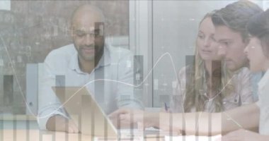 Animation of financial data processing over businesses people. global business, finances, data processing and digital interface concept digitally generated video.