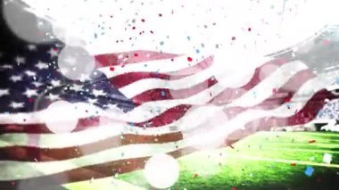 Animation of light spots and confetti over flag of usa and stadium. Patriotism and celebration concept digitally generated video.