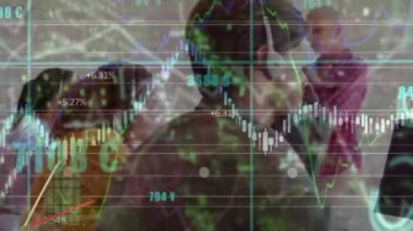 Animation of graph data over caucasian businesswoman with colleagues working in call center office. Digital composite, multiple exposure, business, service, teamwork, technology, development.