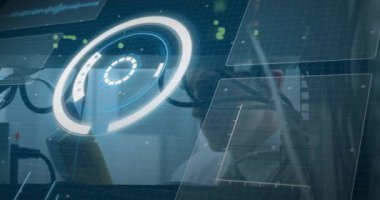 Animation of digital interface over caucasian server room worker. Global business, finances, data processing and digital interface concept digitally generated video.