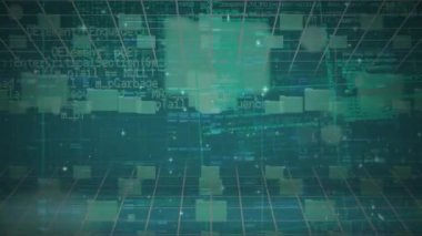 Animation of coding, data forming lock icon over grid interface. Digital composite, telecommunication, network security, technology, protection, artificial intelligence, cloud computing.