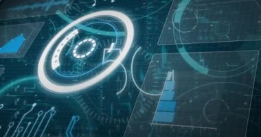 Karanlık arka planda dijital arayüz animasyonu. küresel iş, finans, veri işleme ve dijital arayüz kavramı dijital olarak oluşturulmuş video.