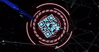 Animation of lines over qr code on black background. Colour, shape, movement, data and technology concept digitally generated video.