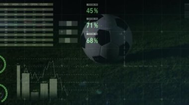 Animation of graphs and financial data over soccer ball on field. Sport, soccer, finance and economy concept digitally generated video.