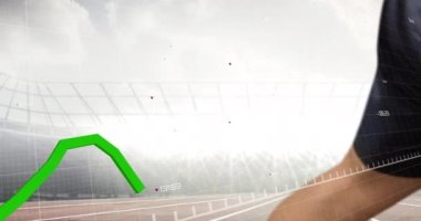 Animations of financial data processing over caucasian runner. Sports, competition, entertainment and technology concept digital composite video.